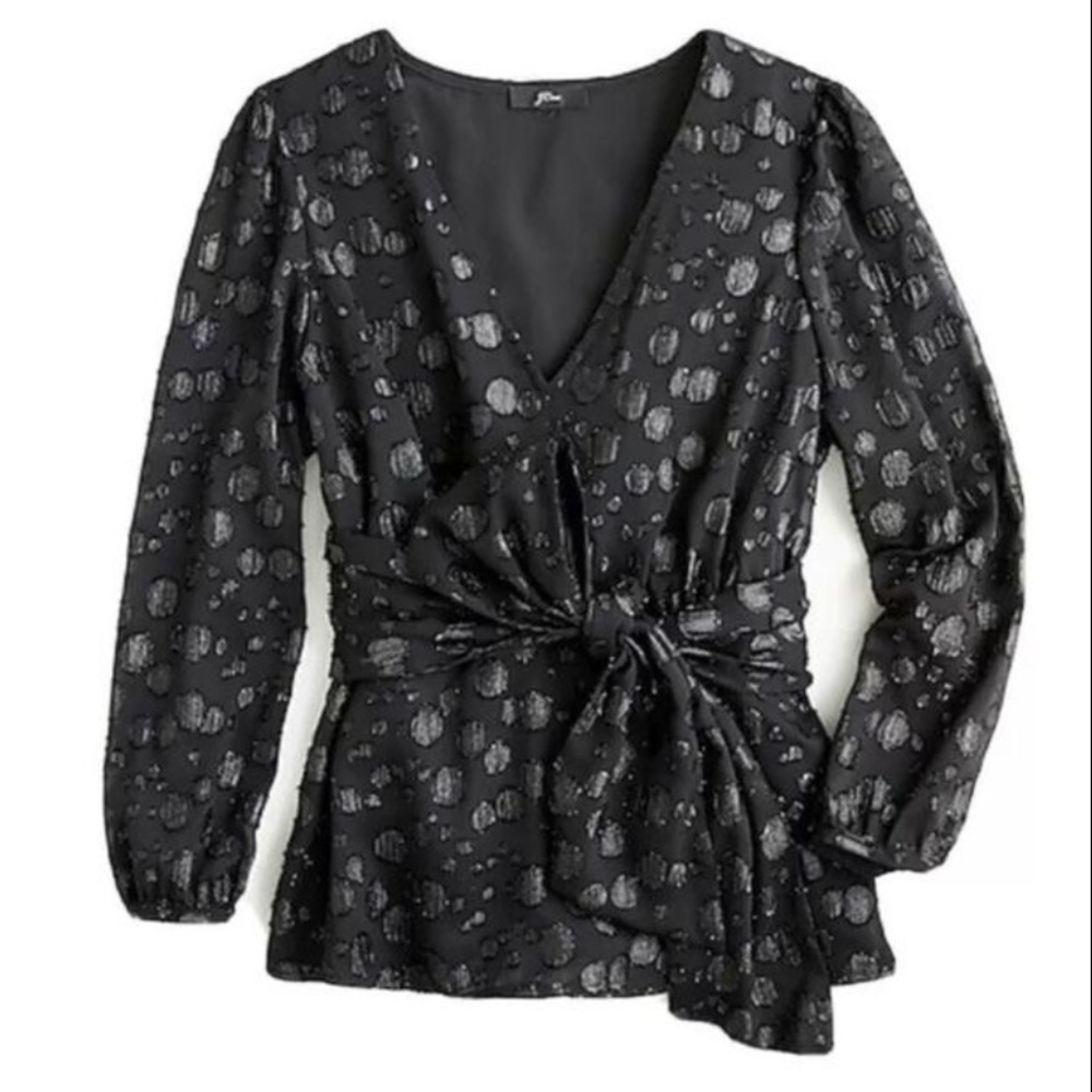 J Crew tie waist v neck metallic dot jacquard blouse in black size Medium